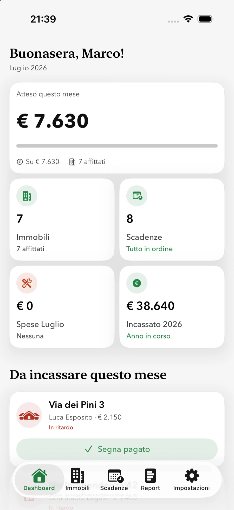 La dashboard di Quillino con l'incassato del mese e le prossime scadenze