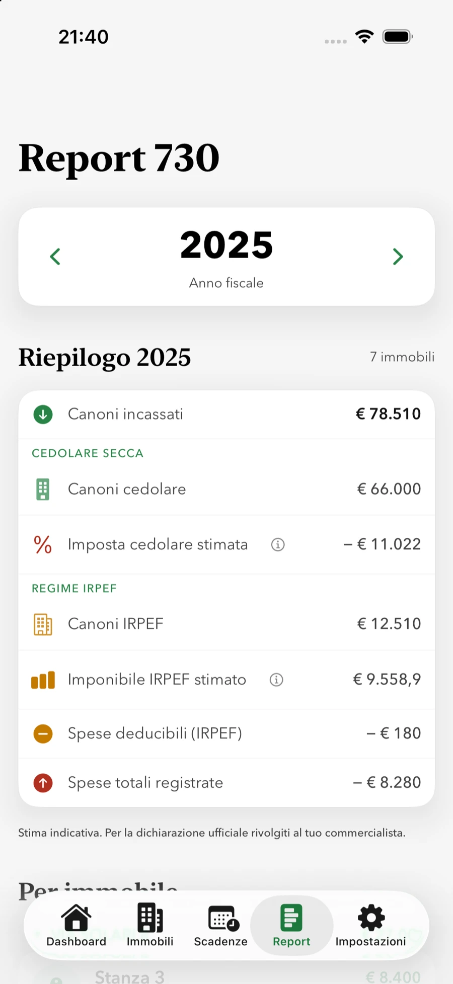 Report fiscale annuale con incassi e spese