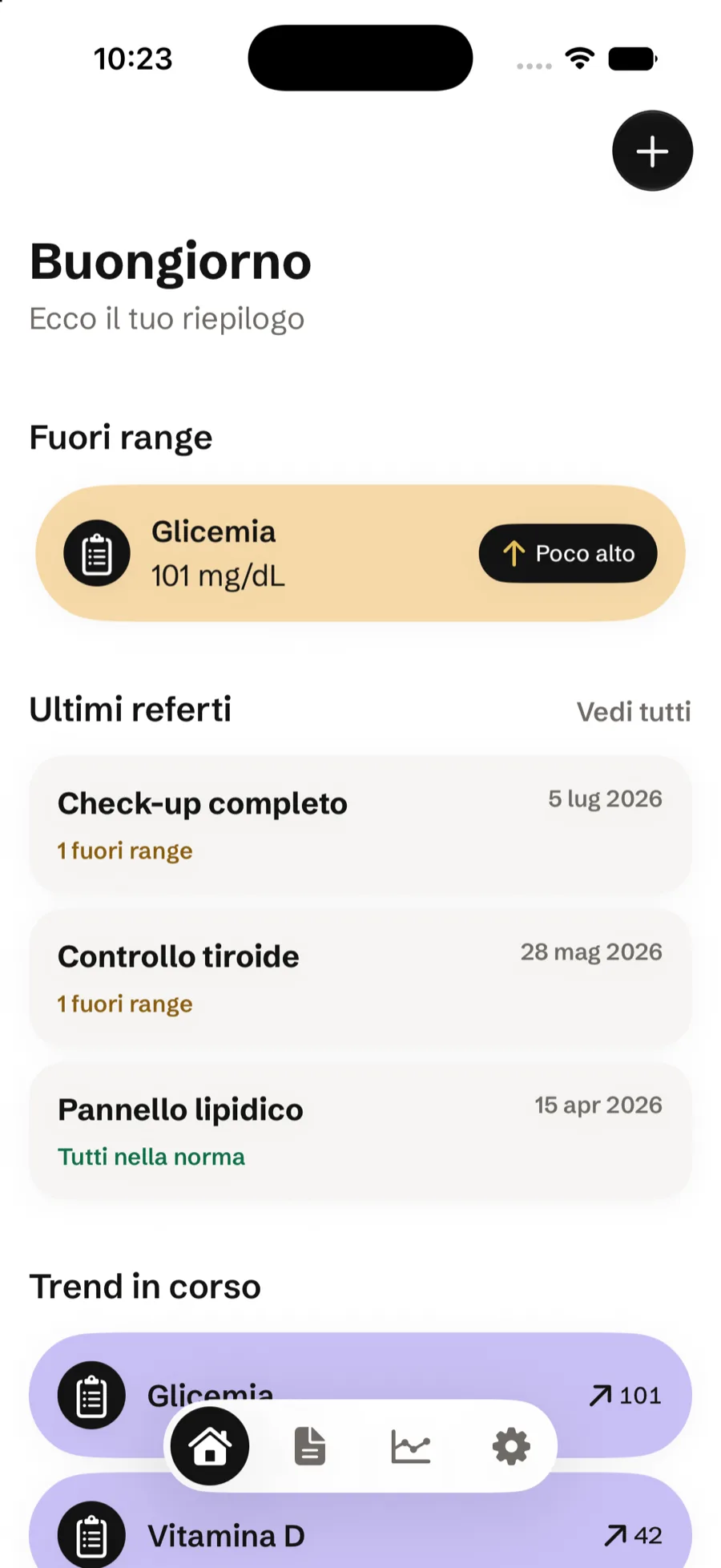 La schermata iniziale di Refertrack, con il valore fuori range e gli ultimi referti