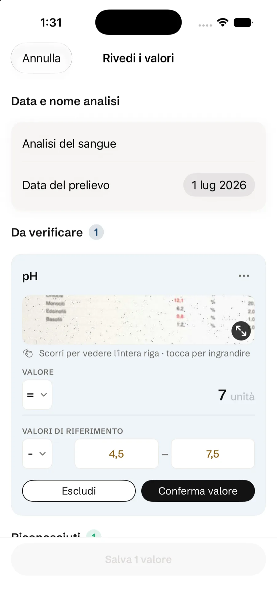La revisione di un referto in Refertrack: il valore letto dall'OCR accanto al ritaglio della foto